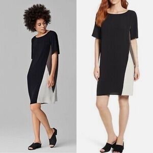 NWT Eileen Fisher 100% Silk Bateau Neck Knee Length Colorblock Dress